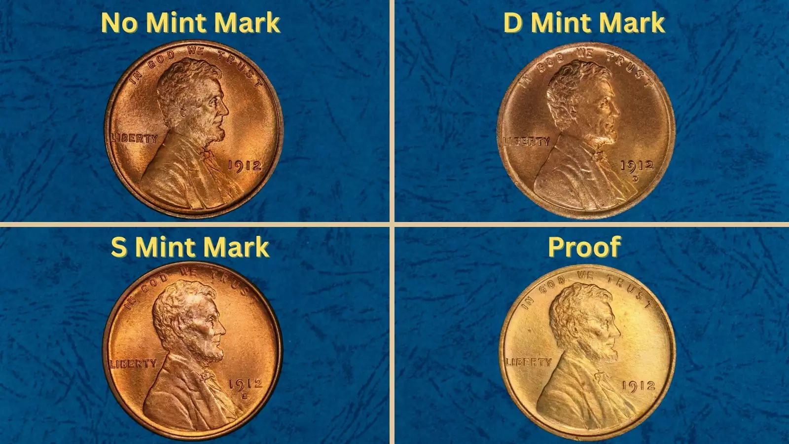 Group of 1912 Lincoln wheat pennies from Philadelphia, Denver, and San Francisco mints arranged on display surface