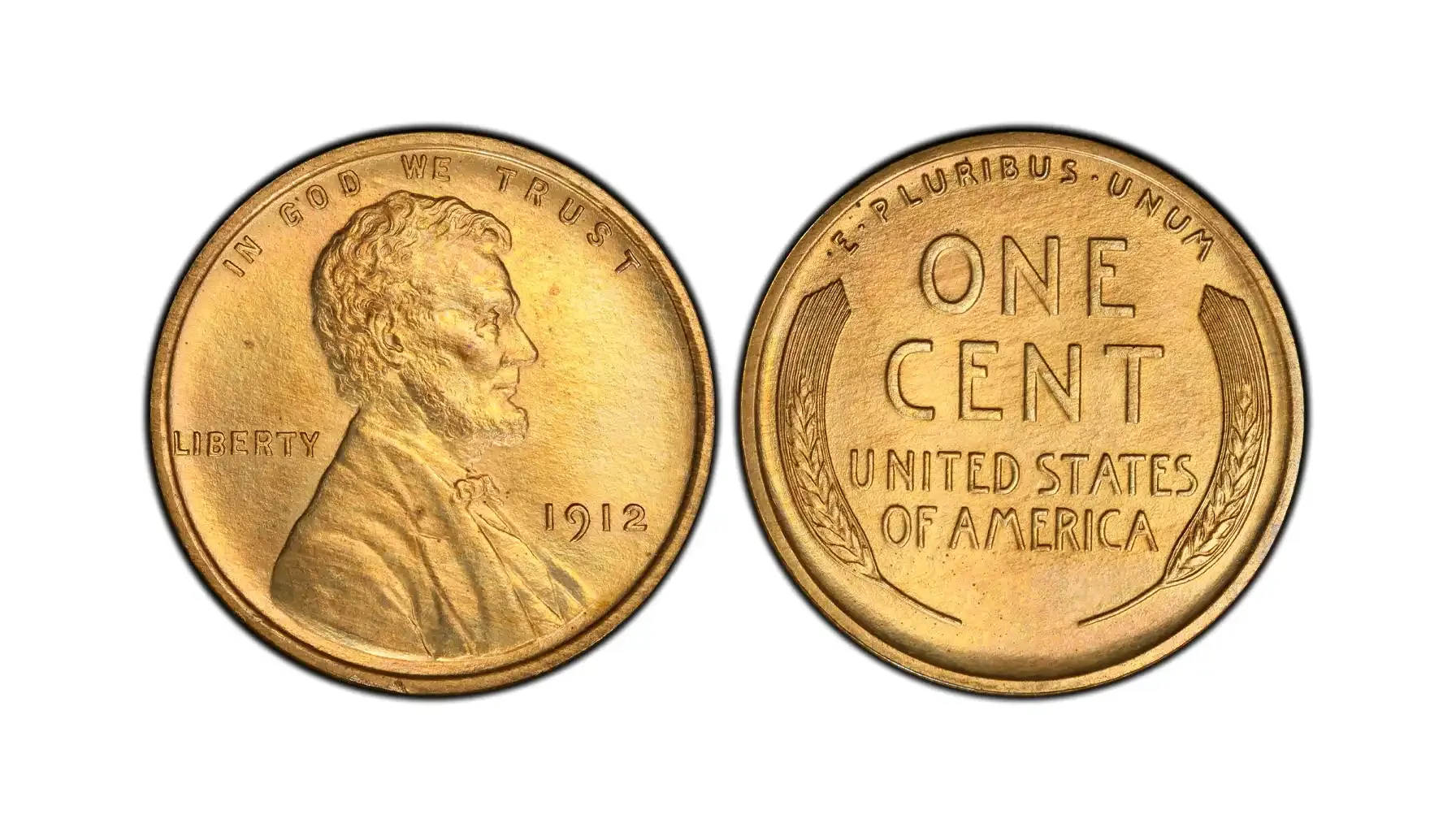 Four 1912 Lincoln wheat pennies showing grading spectrum from worn Good grade through Gem Uncirculated condition
